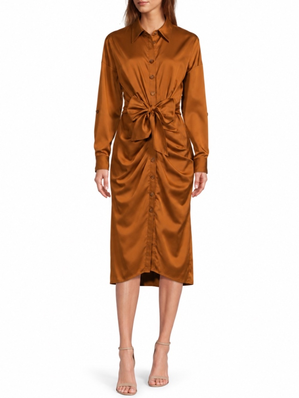 NWT Antonio Melani Roxanne Ruched Tie Waist Midi Dress Ember Size 2